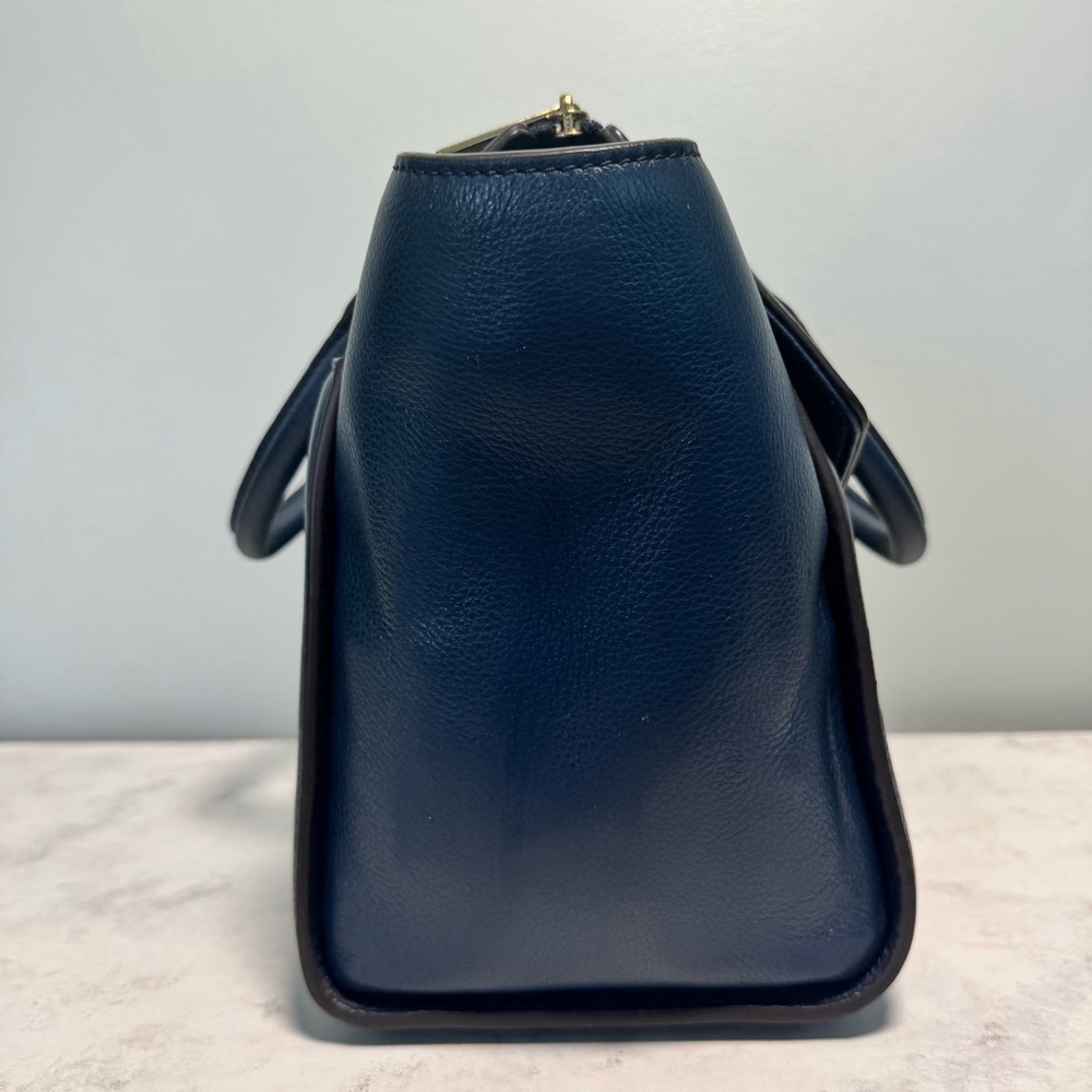 Women's Michael Kors Leather Large Hudson Satchel Tote Navy Blue Gold Logo - Picture 5 of 16